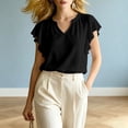 thumbnail image 4 of ClodeEU Women's V Neck Ruffle Flutter Short Sleeve Blouse,Solid Loose Casual Summer Top Black,Women's Plus L, 4 of 5