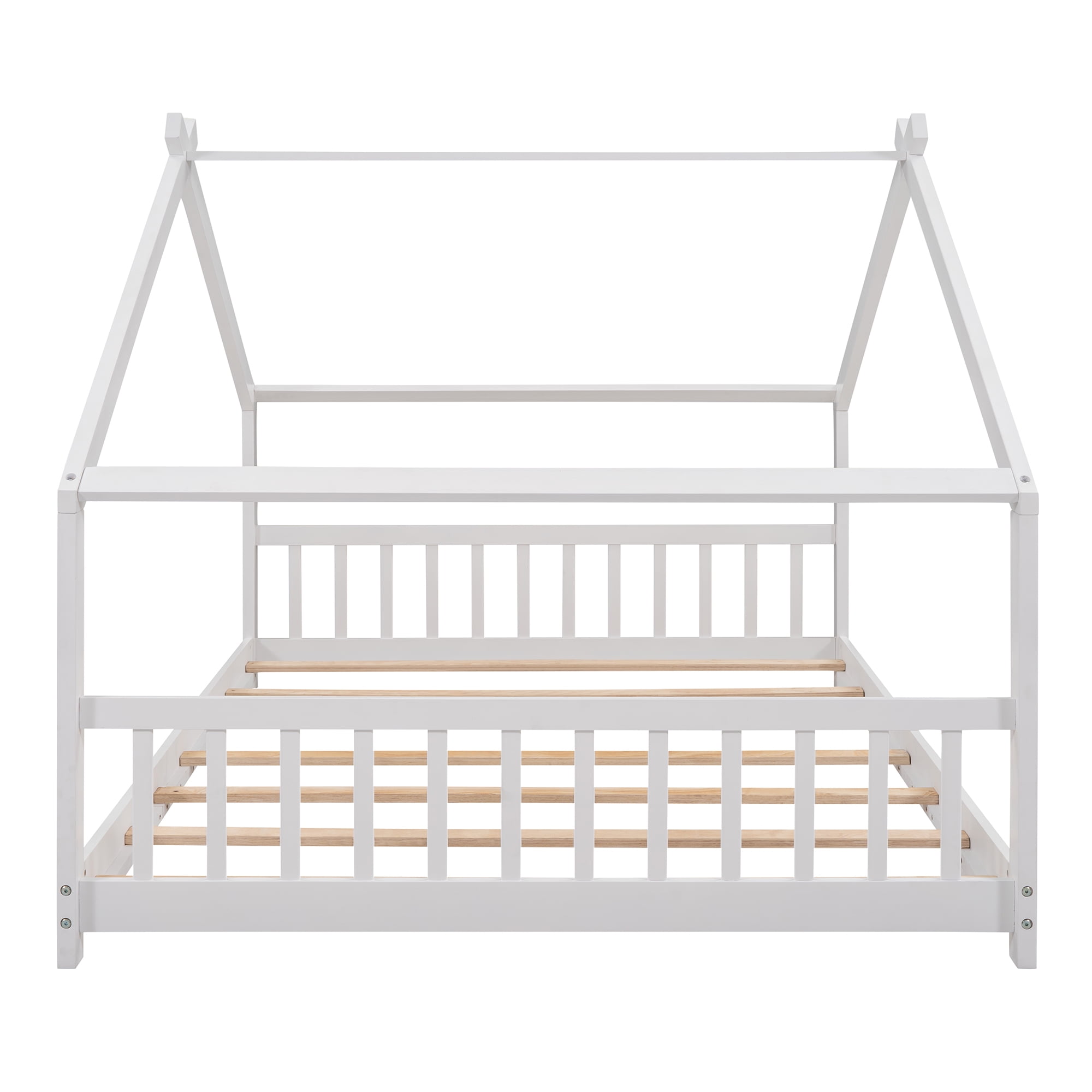Full Size House Bed, Montessori Style Floor Bed Frame, Wood Fun Playhouse Twin Bed with Headboard and Footboard for Teens（White)