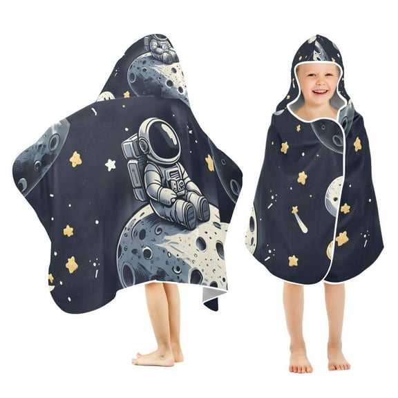 Cartoon Astronaut on Moon Toddler Hooded Beach Towel 24" x 50" Kids Bath Towels Soft Quick Dry for Swim Pool Boys Girls