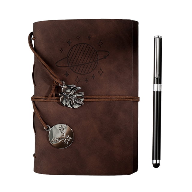 Notebook for Women, Vintage and Classic, with a retro-style brown cover featuring an embossed planetary design and decorative charms. Includes 80 sheets of paper (160 pages), ideal for use as a planner, diary, sketchbook, or travel journal. Suitable for office supplies or personal journaling, accompanied by a black pen.