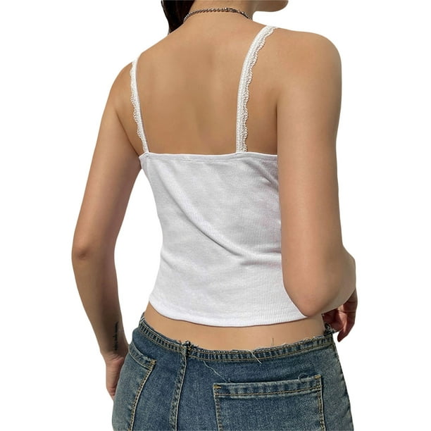 Multitrust Women Tummy Control Tops, Lace Embroidery Low-Cut Spaghetti  Strap Sleeveless Slim Crop Tops 