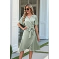 thumbnail image 4 of Women'S Wrap Dress V Neck Short Sleeve Waist Tie Ruffle Split Midi Casual Dress Light green M, 4 of 9