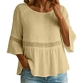 thumbnail image 2 of thefmos Women Summer Round Neck 3/4 Sleeve Lace Trim Flowy Boho Casual Pullover Tops Dressy Casual Loose Blouses Fall Shirts Clothes, Khaki XL, 2 of 8
