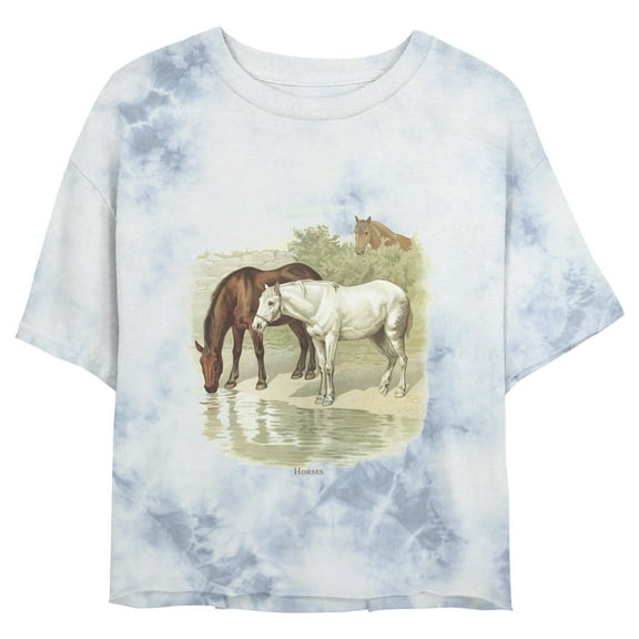 Junior's Lost Gods Retro Horses Water Portrait Graphic Crop T-Shirt White/Blue Medium