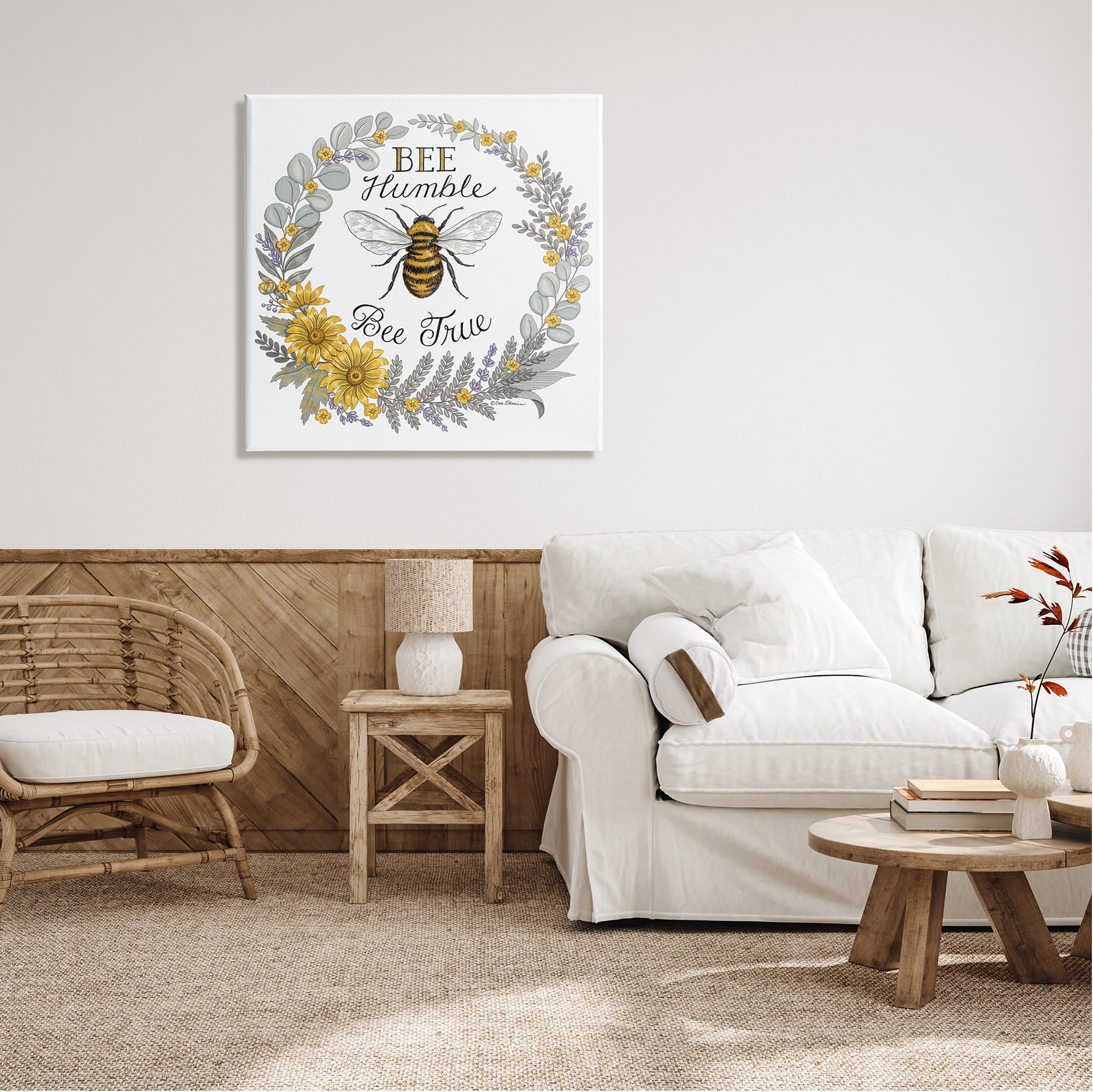 Stupell Industries Bee Humble & True Encouraging Insect Floral Border Graphic Art Gallery Wrapped Canvas Print Wall Art, Design by Deb Strain