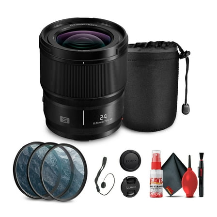 Panasonic Lumix S 24mm f/1.8 Lens (S-S24) Bundle Including: Lens Pouch, 3-Piece Filter Kit, Lens Caps, Cap Keeper, Full Cleaning Kit