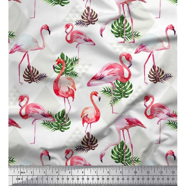 Soimoi White Cotton Duck Fabric Flamingo Bird Decor Fabric Printed Yard 58 Inch Wide