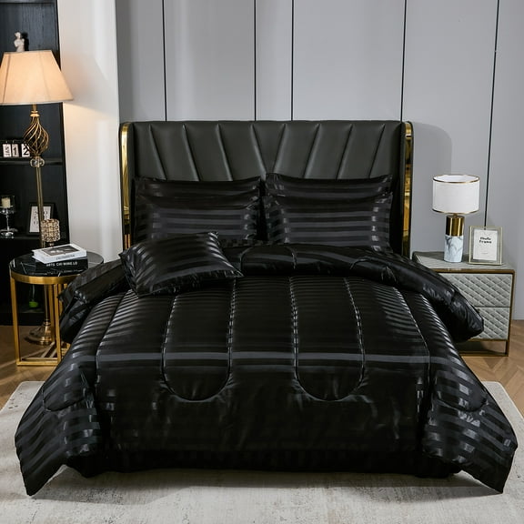 Black Satin Bed in a Bag 8 Pieces Queen Size Solid Stripe Comforter Set Luxury Silky Bedding Set Soft Lightweight Comforter Set Cooling Bed in a Bag