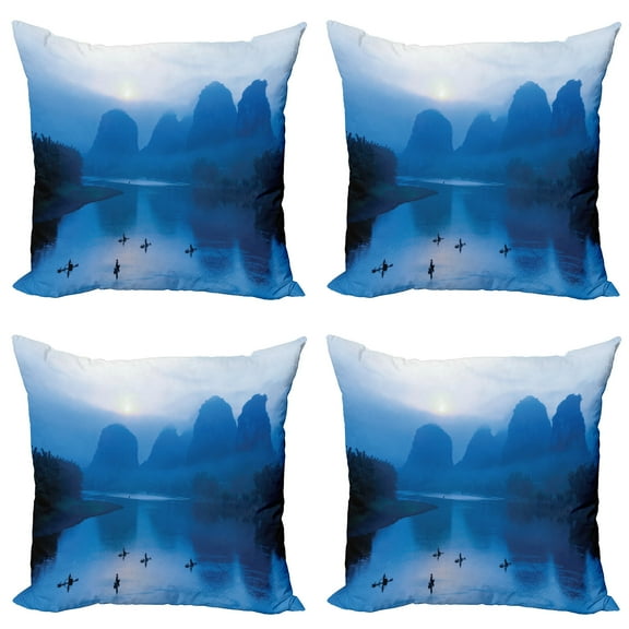 Ambesonne Blue Throw Pillow Cover 4 Pack, Sunrise Raft River Scenery, 20", Royal Blue Aqua