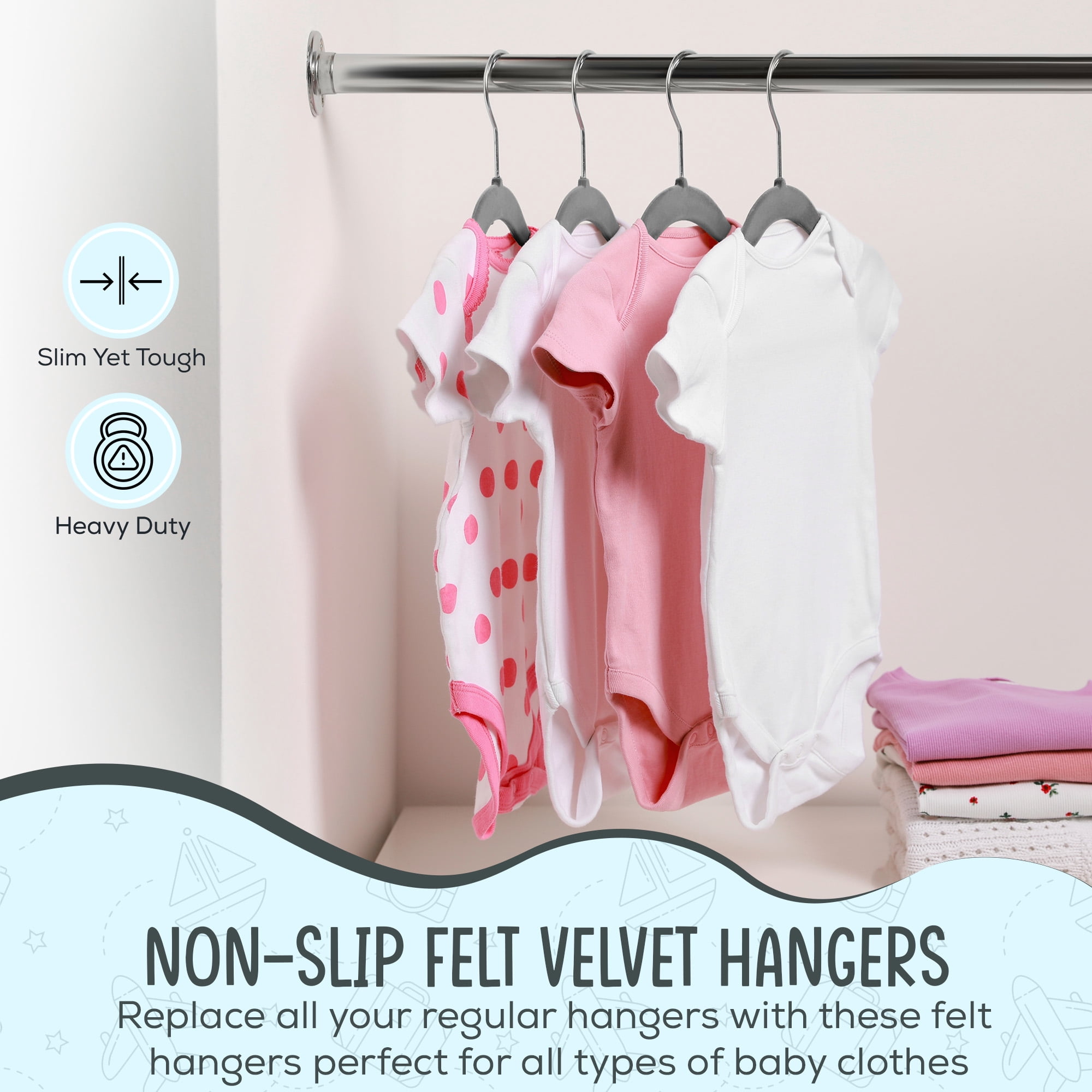 Techzoo Premium Baby Velvet Hangers 30 Pack – 11.8" Non Slip Felt Cloth Hangers for Closet – Ultra Slim, Space Saving Baby Clothes Hangers with 360° Swivel Hook Infant Hangers – Gray