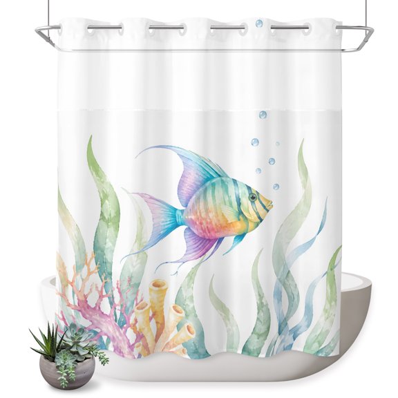 No Hook Shower Curtain, Coastal Fish Shower Curtains for Bathroom with See Through Top Window, Ocean Nautical Seaweed Coral Marine Life Waterproof & Washable Bath Curtain 66"x72"