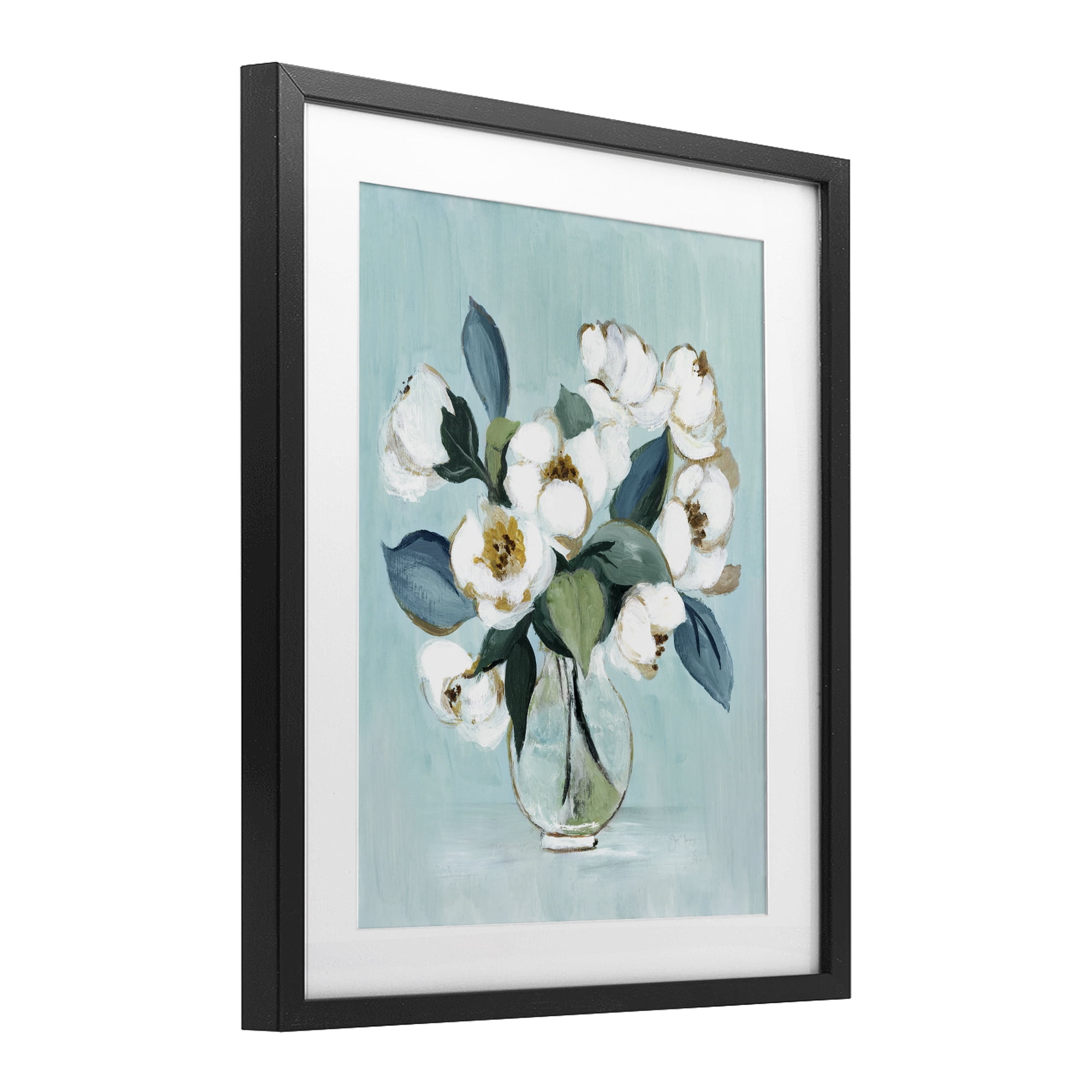Stupell Industries Magnolia Arrangement over Blue Black Framed Print Under Glass, design by Janet Tava