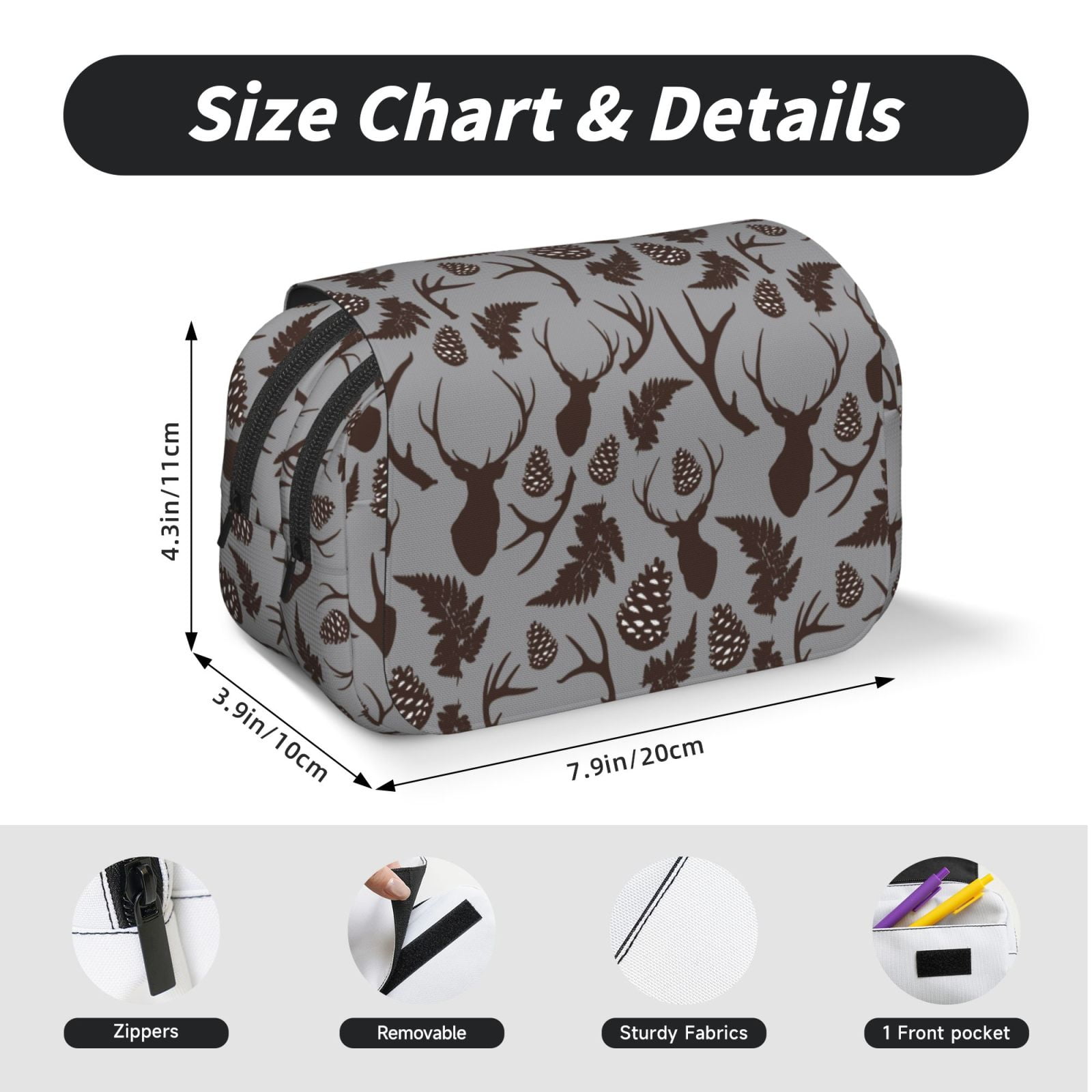 Rateoe Brown Moose with Pinecones Pattern Double Clamshell Pen Case, Storage Organizer with Two Zipper Compartments– Holds Up to 50 Pencils & Pens