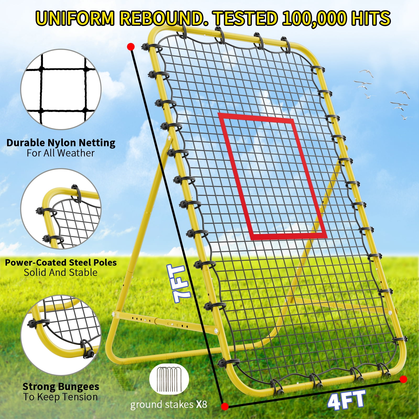 7x4 FT Volleyball Rebounder Net，Ultimate Training Equipment for Volleyball & Lacrosse，Enhanced Bouncing System for Volleying, Bumping, Spiking Drills，Multiple Adjustable Rebound Angles(Yellow)