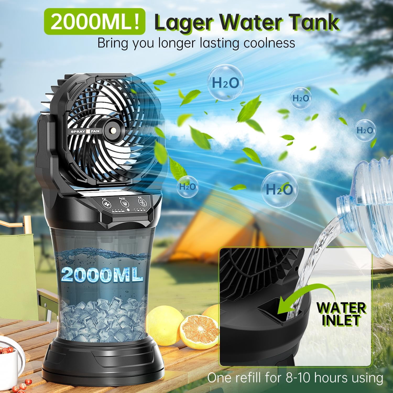 30000 mAh Portable Misting Fan with RGB Ambient Light, 2000 mL Water Tank Bucket Rechargeable Camping Mist Fan with 120 Auto Oscillating Perfect for Patios Fishing Travel Garden Party Golf Tent