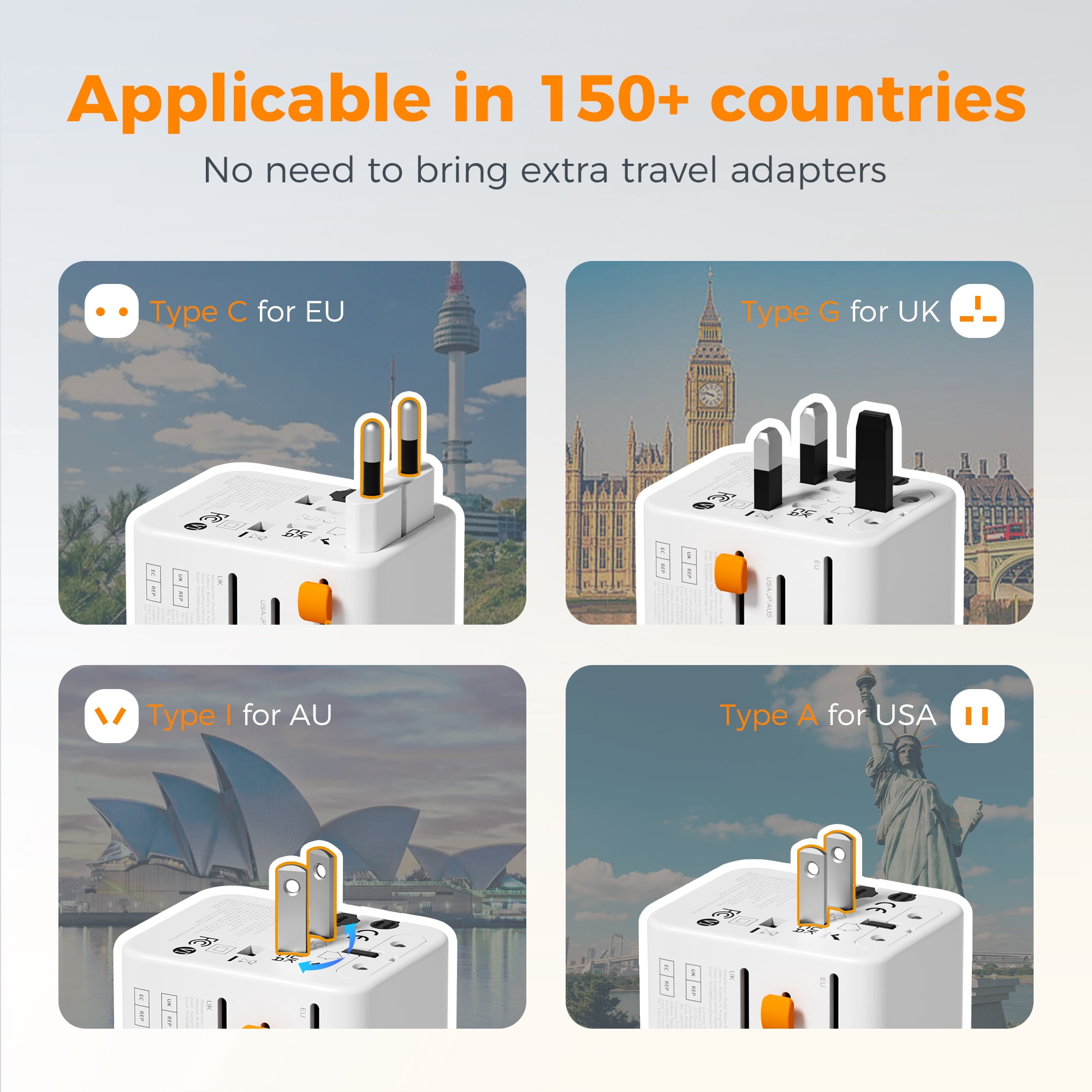 Universal Travel Plug Adapter, Type C/G/I/A Multiple Plug Options, 4 USB Ports (2 USB-C) 2 AC Outlets, International Wall Charger, Compact