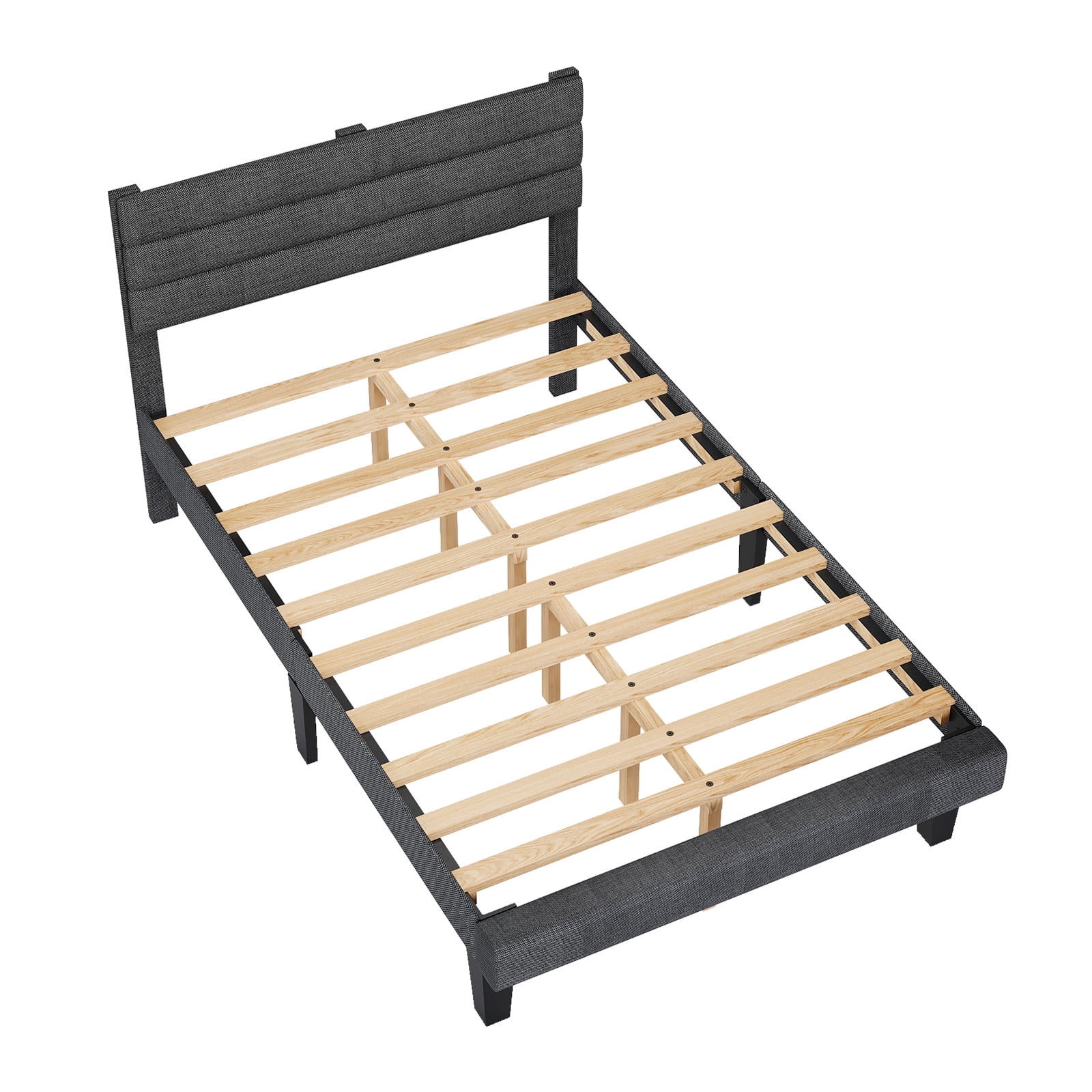 Ktaxon Upholstered Twin Size Bed Frame, Platform Bed  with Headboard, Gray