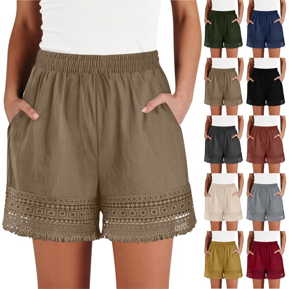 Bloomae Womens Summer Cotton Linen Shorts Lightweight Lace Hollow out Trim Casual Elastic Waist Lounge Shorts Loose Comfy Trendy Beach Vacation Short Pants with Pockets Yellow S