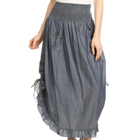 Long Ruffle Skirt - Sakkas Coco Long Cotton Ruffle Skirt with Pockets and Elastic Waistband - Chambray - One Size Regular