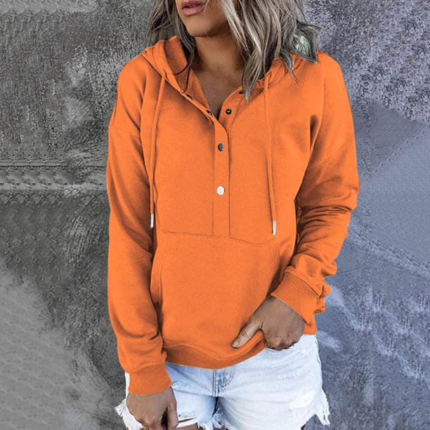 ICHUANYI Clearance Women Casual Solid Zipper Splicing Loose Hooded Long Sleeve V-Neck Tops(Orange, S) ICHUANYI WER2023080911206