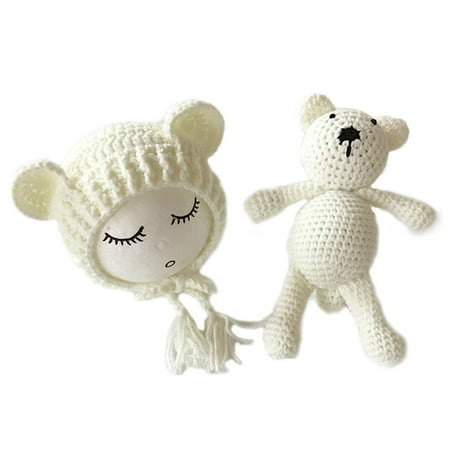 

Inevnen Newborn Photography Prop Handmade Crochet Bear Hat with Dolls Outfit For Infant Boys Girls Photoshoot