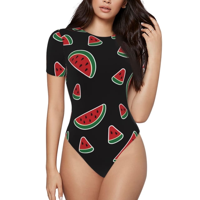 Balery Watermelon Body de cuello redondo de manga corta para mujer Tops de manga corta Tops básicos-Medium