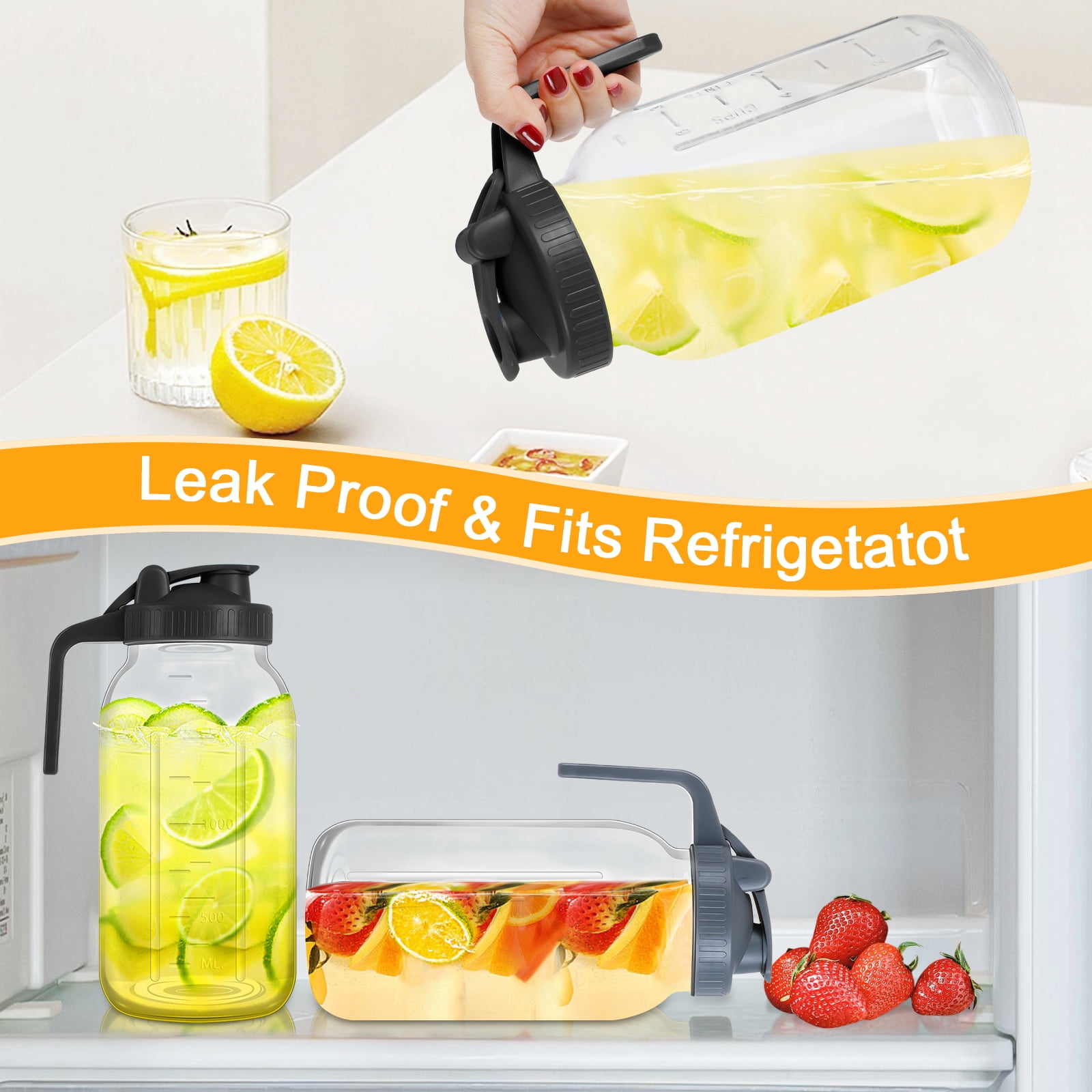2 Pack 64 oz Glass Water Pitcher, Half Gallon Mason Jar Pitcher with Wide Mouth Airtight Lid for Ice Tea, Cold Brew Coffee, Fridge Water, Breast Milk, Juices, Leak Proof (Black+Gray)