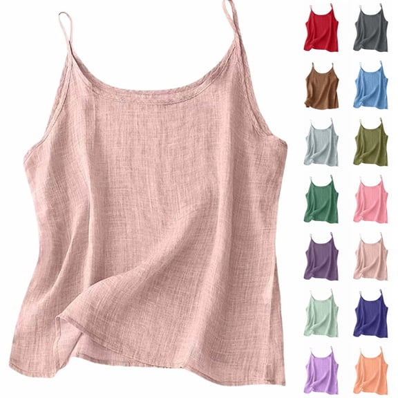 Cotton Linen Camisole Tops for Women Spaghetti Strap Loose Fit Tank Top Summer 2026 Casual Sleeveless Gauze Shirts for Women,Pink ,S