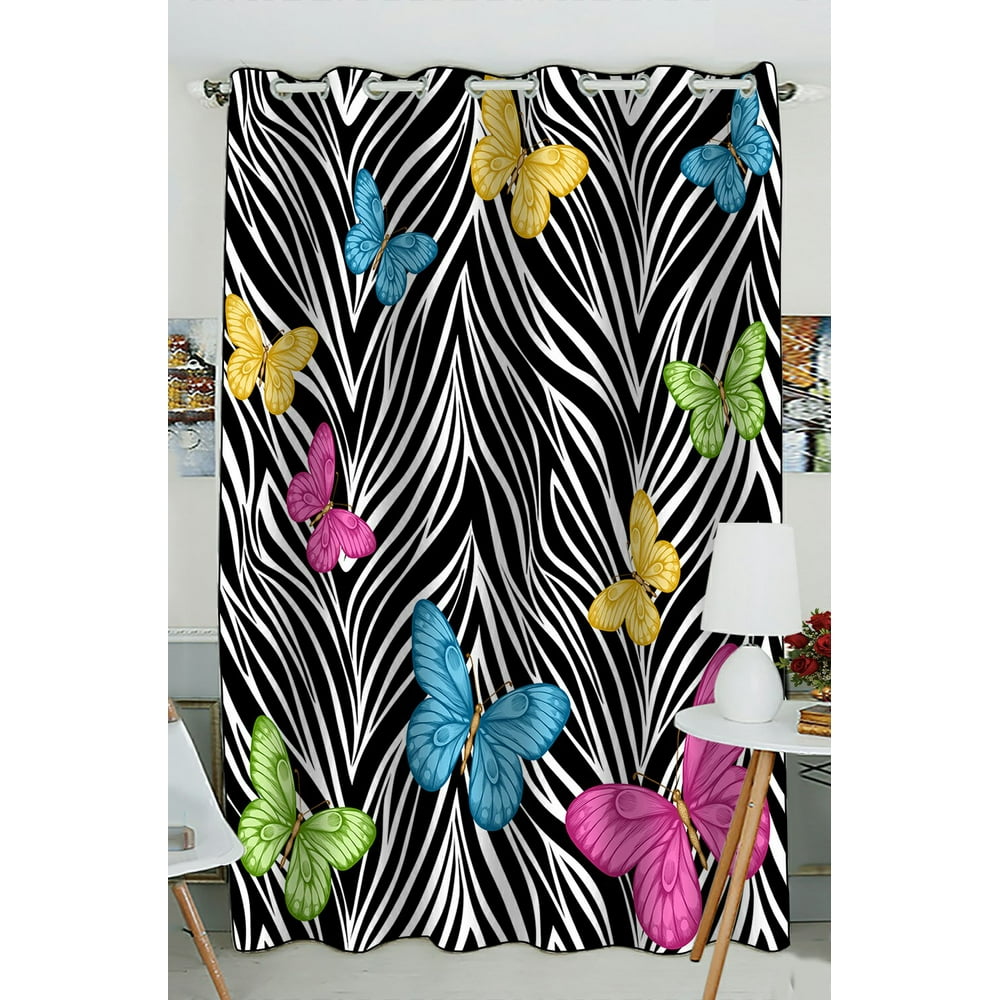 PHFZK Animal Window Curtain, Colorful Butterflies on Zebra Prints
