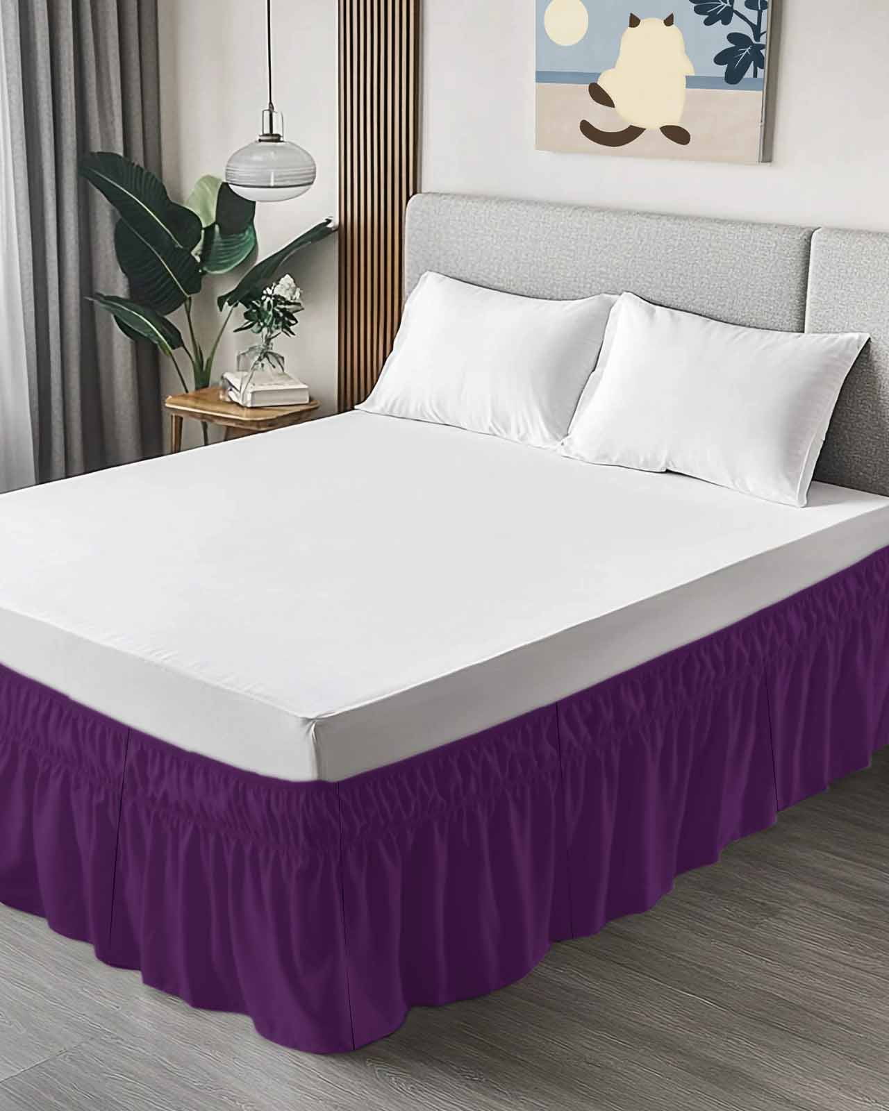 Solid Color Bed Skirt Queen Size 16" Drop Purple Ruffled Wrap Around Bed Skirts Adjustable Elastic Bedskirt Dust Ruffle for Queen Size Bed