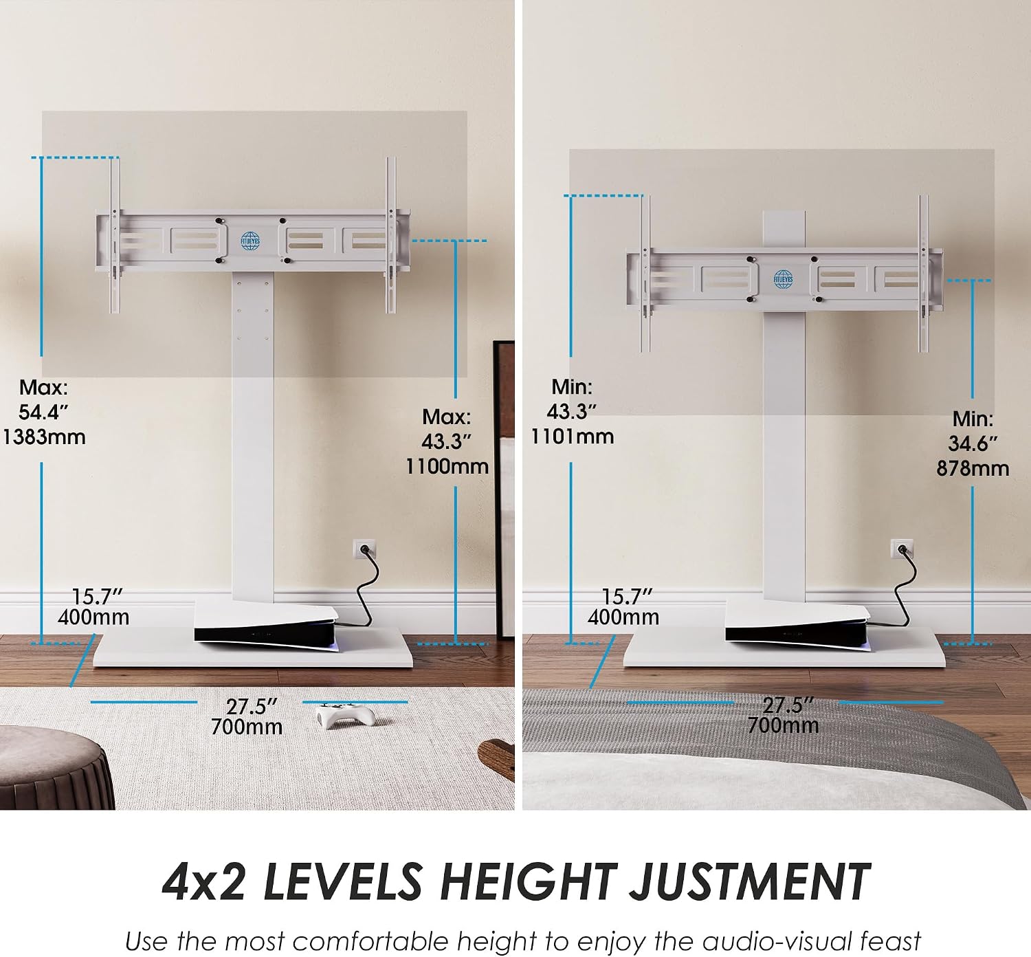 FITUEYES Floor TV Stand for 50–85 Inch TVs, White, Power Outlet, Swivel Mount, Iron Base
