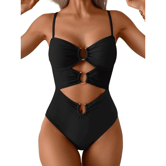 Olaglory Women's One Piece Swimsuit Tummy Control High Waisted Bathing Suit with Ring Linked & Cutout, Sexy Monokini Swimwear, Black