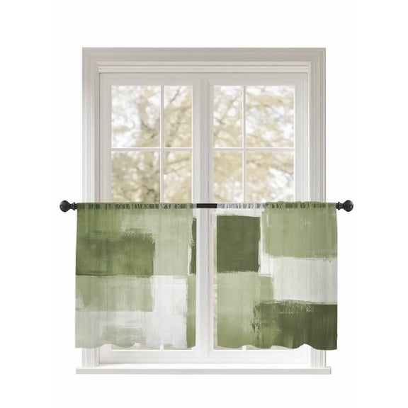 Green White Sheer Curtains 45 Inch Long 2 Panels, Graffiti Art Mottled Gradient Color Blocks Modern Light Filtering Rod Pocket Semi Sheer Curtains, Sheer Voile Drapes for Living Room Bedroom, 52"x45"
