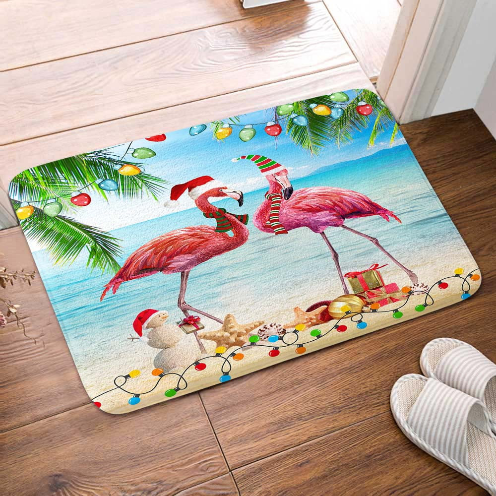 Christmas Bath Mat, Bright Tropical Christmas Beach Red Flamingo Funny Xmas Holiday Bath Rug for Bathroom, Vintage Merry Christmas Bath Mat Soft Non Slip Bath Rugs, 16X24IN