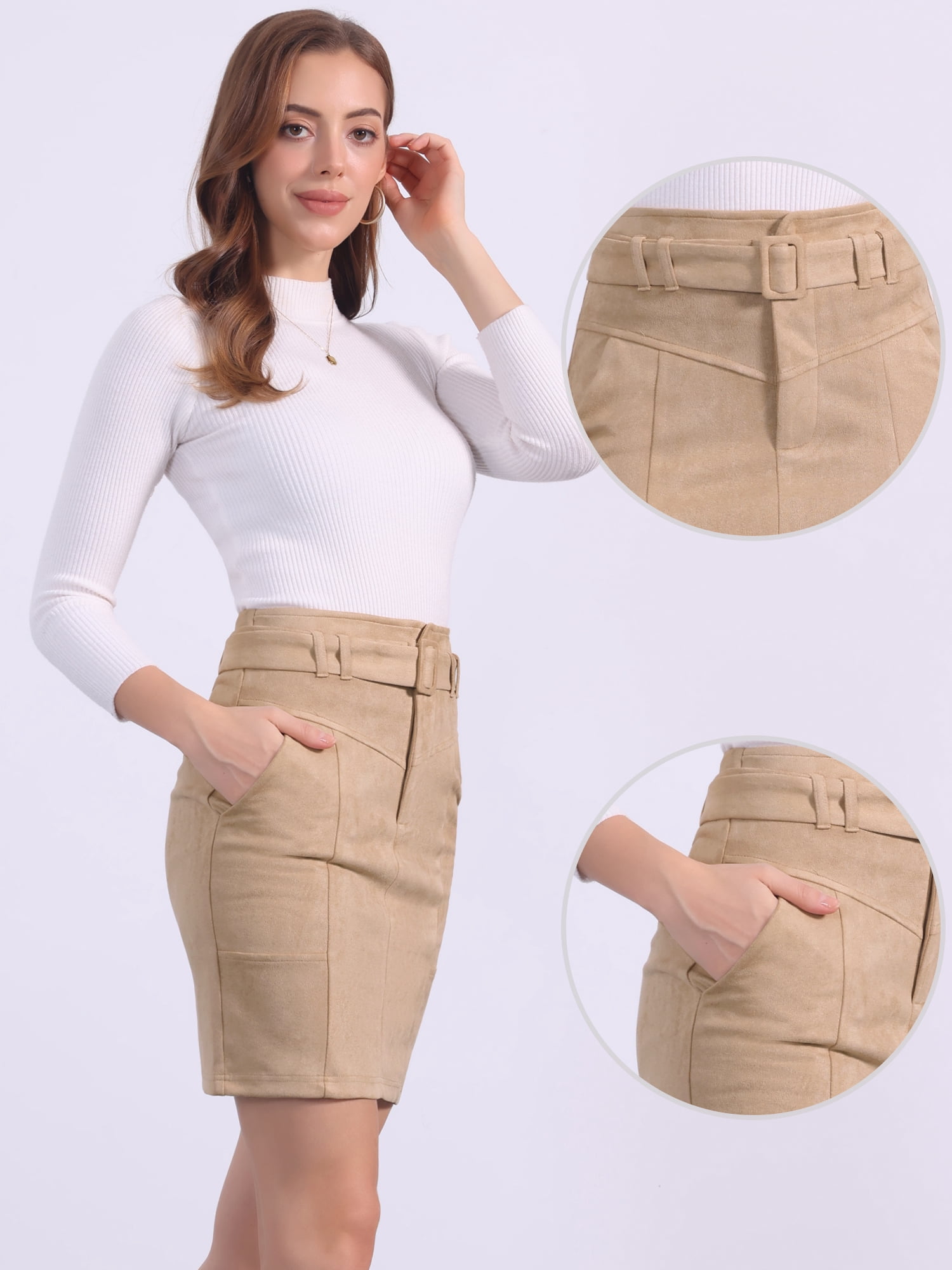 DARING DIVA Women's Faux Suede Skirt Belted Pencil Skirts L Khaki