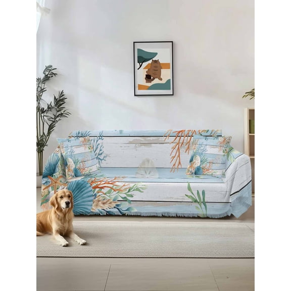 Blue Beach Coastal Couch Cover, Summer Nautical Coral Shell Botanical Vintage Sofa Cover Blanket for Loveseat Couches, Sectional Sofa Slipcover Furniture Protector for Living Room Bedroom 71''x118''