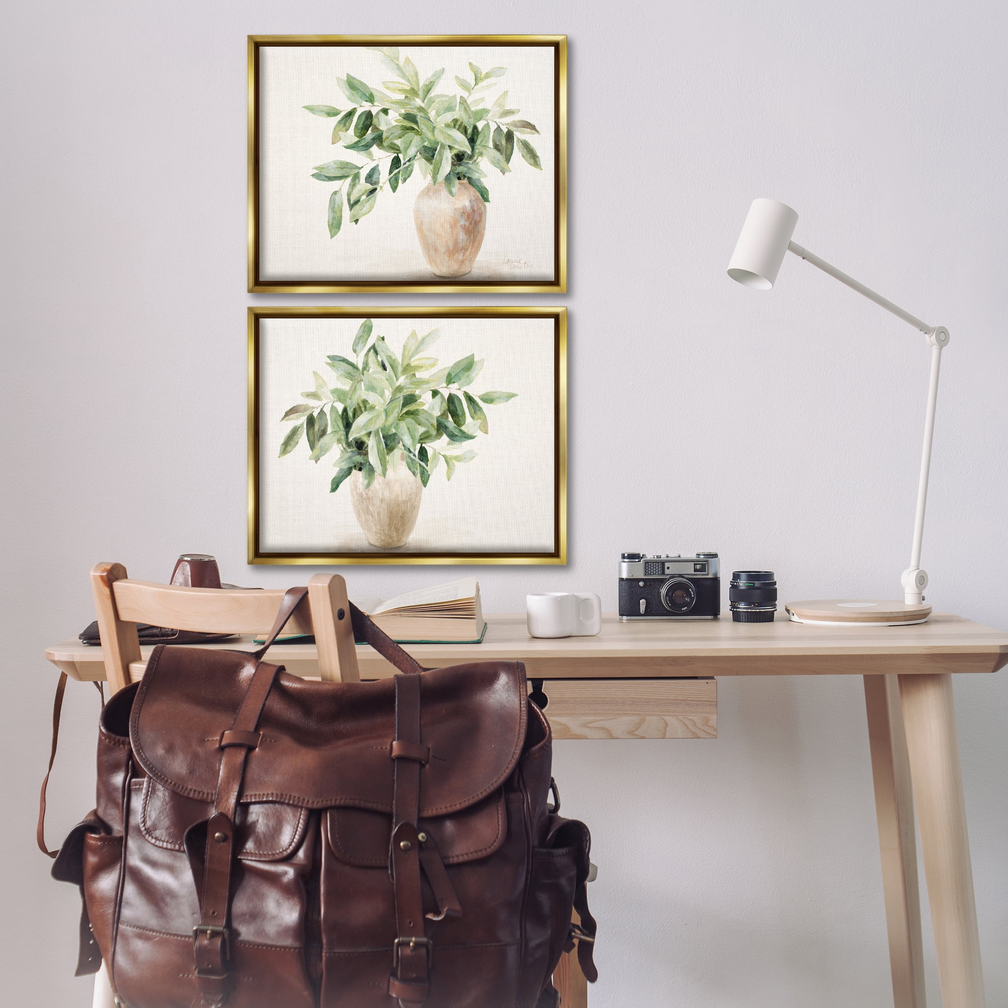 Stupell Industries Vase of Hardy Green Foliage Plants & Flowers Painting Gold Floater Framed Canvas Art Print Wall Art, 21 x 17, Set of 2