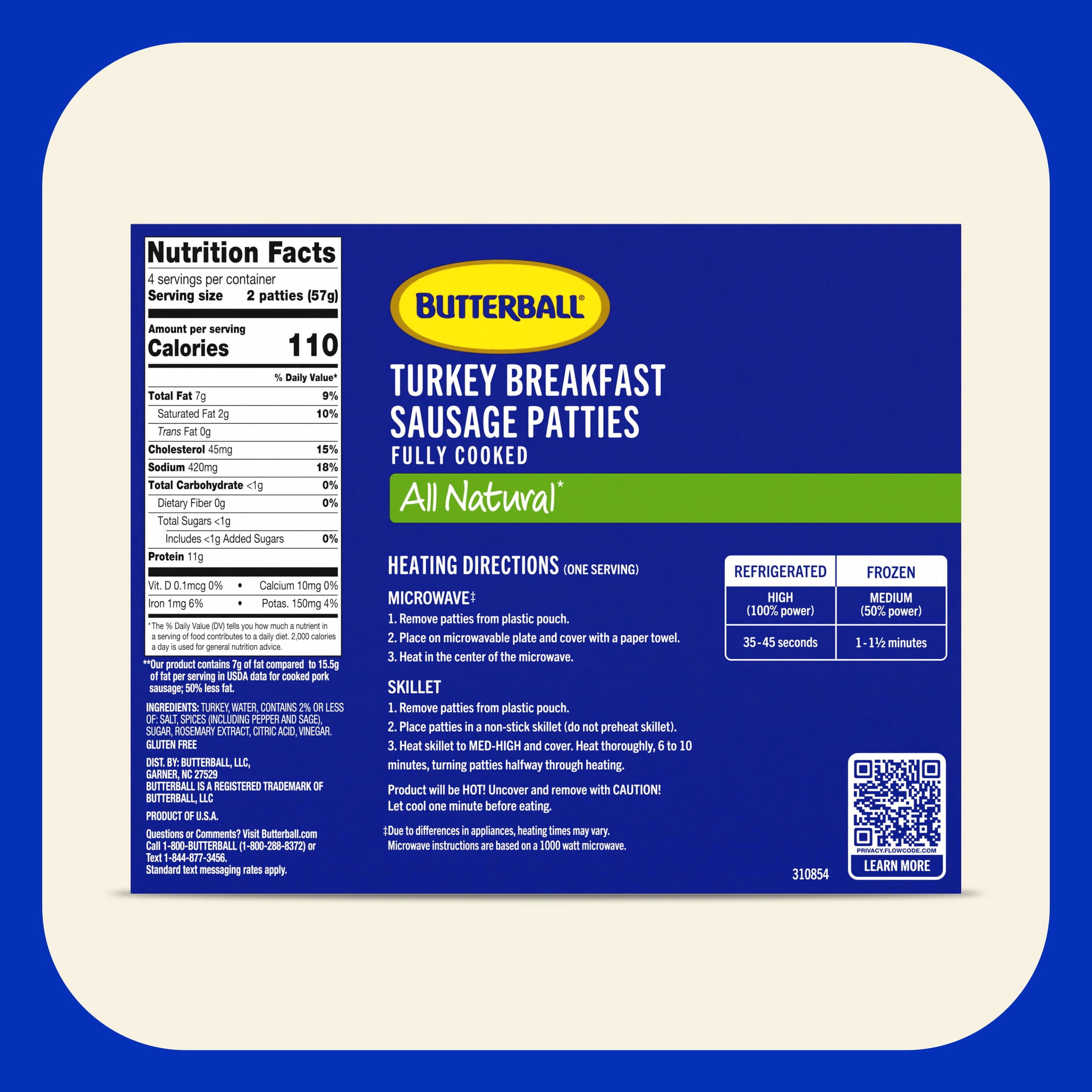Butterball All Natural Fully Cooked Turkey Breakfast Sausage Patties, 8 Patties