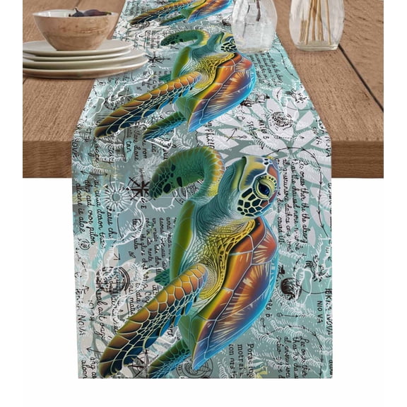 Coastal Turtle Table Runner 72 Inches, Farmhouse Ocean Nautical Marine Life Bed Runner Dresser Scarves Tabletop for Indoor Outdoor Parties/Ceremony/Banquet, 14" x 72"