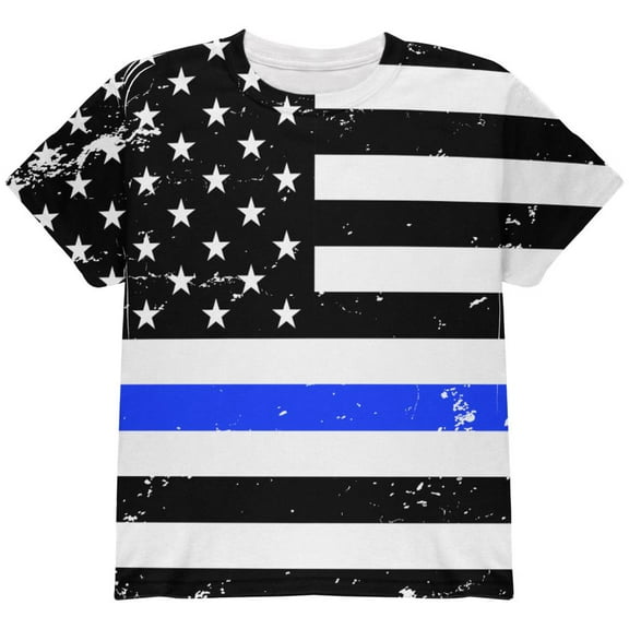 Distressed Thin Blue Line American Flag All Over Youth T Shirt Multi YMD