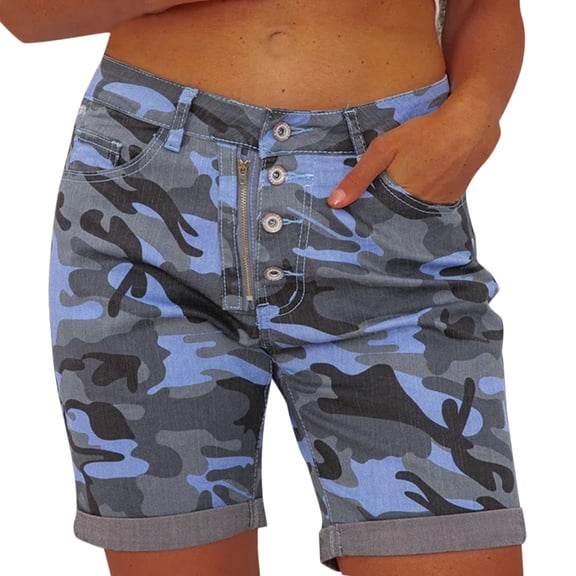 Women Jeans Casual Camouflage Prints Classic Mid Waist Elasticity Pockets Denim Short Pants Blue M