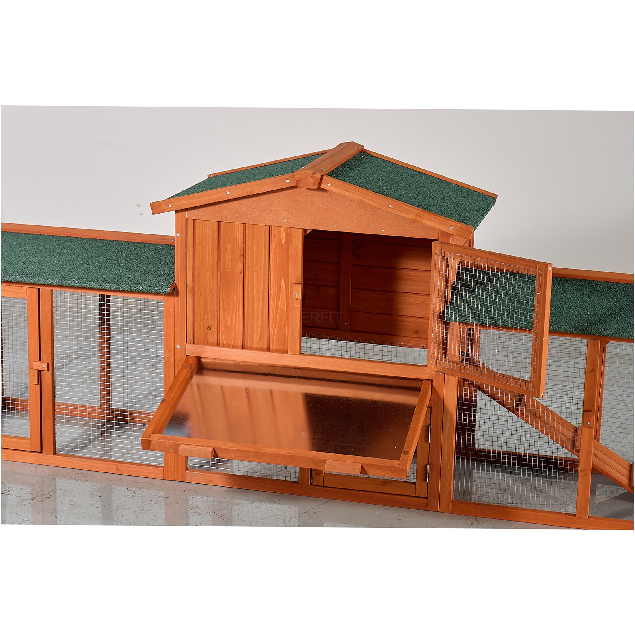 JERFIT Large Outdoor Rabbit Hutch with Run, Wooden Bunny Cage House, Waterproof Roof, Pull Out Tray, Ramp for Rabbits, Chickens, Guinea Pigs