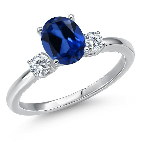 Gem Stone King 14K White Gold Blue Created Sapphire and Moissanite Engagement Ring for Women | 1.80 Cttw | Oval 8X6MM | Gemstone September Birthstone | Size 6