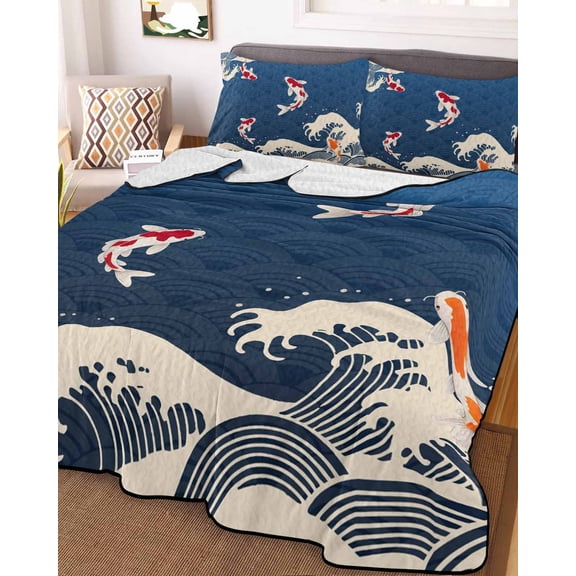 Coastal Wave Full Size Down Alternative Comforter, Lightweight Comforter Quilt Bedding Set with Pillow Shams Japanese Style Ocean Fish Blue All Seasons Bed Comforter Duvet Insert 78"x90"