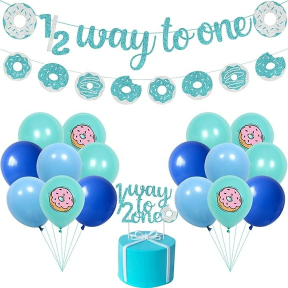 34Pcs Donut Theme Half Birthday Decorations Blue 1/2 Way To One Banner Cake Topper Donut Print Balloon Set Glitter Letter Banner for Boys and Girls Half Year Old Birthday Party Supplies Baby Showers