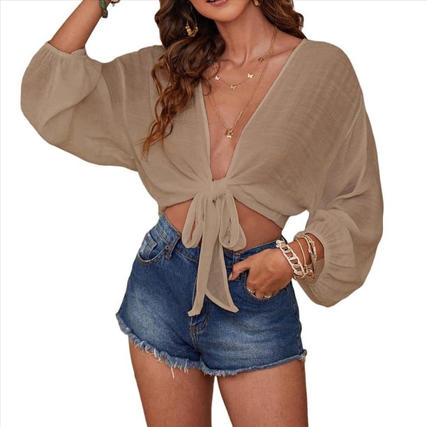 Traje de Baño para Mujer, Túnica, Bikini con Lazo, Camiseta de Playa Suave de Larga Caqui S