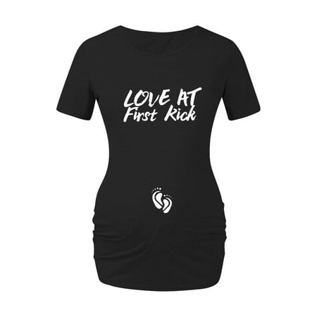 

Pregnant Mom Gifts Maternity Womens Love at First Kick Letter Print Maternity Dress Plus Size Maternity Short Sleeve T-Shirt