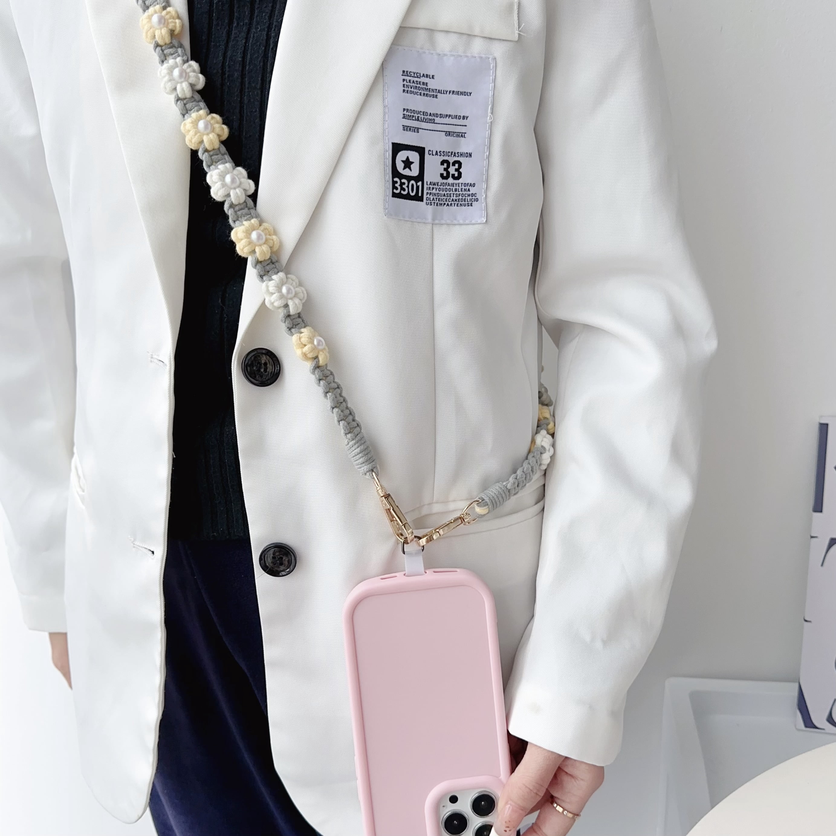 ELEHOLD Phone Crossbody Chain CellPhone Lanyard Strap,Universal Phone Chain Strap with Tether Patches Compatible with Most Phones,Purple Purple White