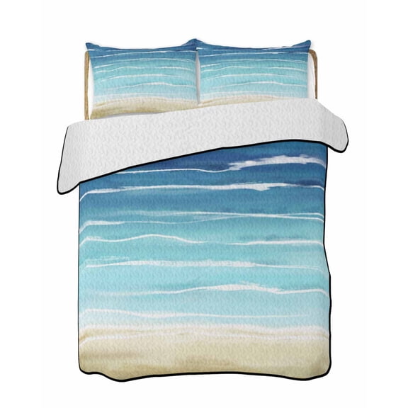Quilts Full Size, Summer Coastal Soft Comforter Bedding Set for Bed, Turquoise Ombre Beach Ocean Waves Lightweight Quilted Bedspread with Pillow Cover(2 Pieces) for All Season, 78x90 Inch