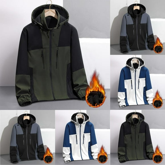 Sentmoon Coat for Men Solid Color Long Sleeve Drawstring Hooded Neck Men Ski Jacket Oversized Zipper Windbreaker Fall Clothes Men with Pockets Winter for Climbing and Hiking
